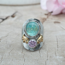 Load image into Gallery viewer, Fused dichroic glass ring in hand crafted settings of sterling silver (R870)
