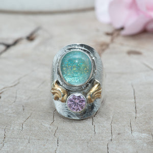 Fused dichroic glass ring in hand crafted settings of sterling silver (R870)