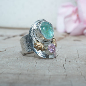 Fused dichroic glass ring in hand crafted settings of sterling silver (R870)