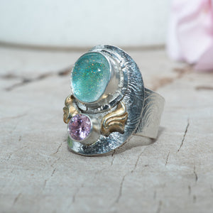 Fused dichroic glass ring in hand crafted settings of sterling silver (R870)