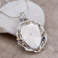 Load image into Gallery viewer, Fused dichroic glass pendant in a handmade setting of sterling silver accented with 18K gold plating. (N873)
