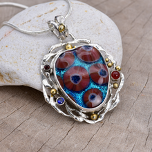 Load image into Gallery viewer, Fused dichroic glass pendant in a handmade setting of sterling silver accented with 18K gold plating. (N873)
