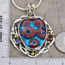 Load image into Gallery viewer, Fused dichroic glass pendant in a handmade setting of sterling silver accented with 18K gold plating. (N873)
