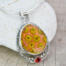 Load image into Gallery viewer, Fused dichroic glass pendant in a handmade setting of sterling silver accented with a sparkly cubic zirconia. (N875)
