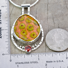 Load image into Gallery viewer, Fused dichroic glass pendant in a handmade setting of sterling silver accented with a sparkly cubic zirconia. (N875)
