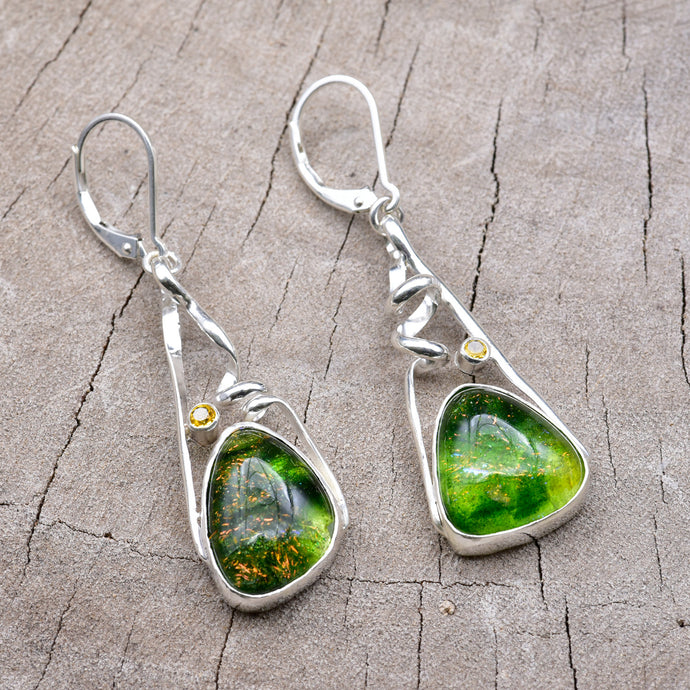 Fused dichroic  glass earrings in hand crafted settings of sterling silver (E884)