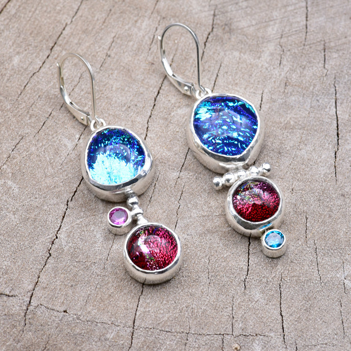 Fused dichroic  glass earrings in hand crafted settings of sterling silver (E885)