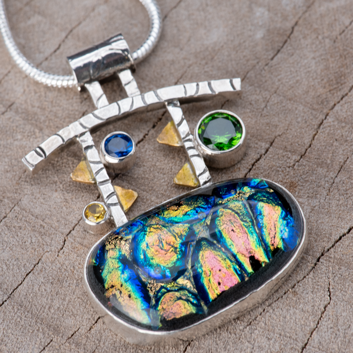 Fused dichroic  glass necklace in hand crafted settings of sterling silver (N889)