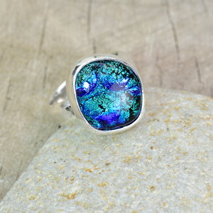 Fused dichroic glass ring in sterling silver setting (R891)