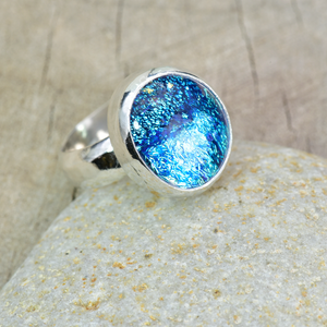 Fused dichroic glass ring in sterling silver setting (R894)