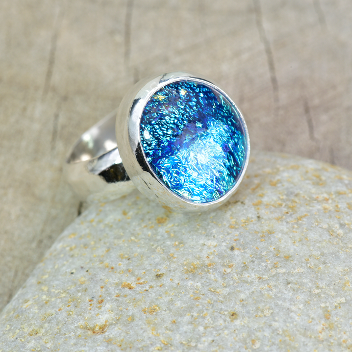 Fused dichroic glass ring in sterling silver setting (R894)