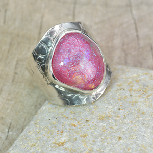 Artisan ring with a fused glass cabochon in a hand crafted setting of tarnish resistant sterling silver. (R896)