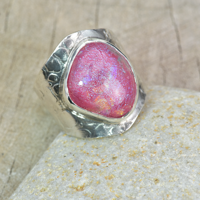 Artisan ring with a fused glass cabochon in a hand crafted setting of tarnish resistant sterling silver. (R896)