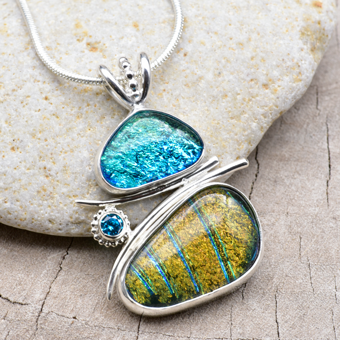 Fused dichroic  glass necklace in hand crafted settings of sterling silver (N904)