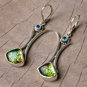 Fused dichroic glass earrings in handmade settings of sterling silver accented with sparkly cubic zirconias (E906)