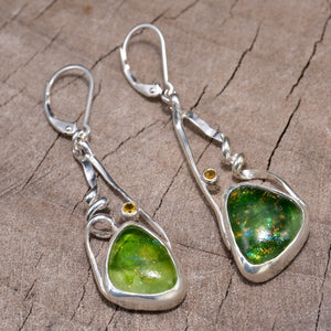 Fused dichroic glass earrings in handmade settings of sterling silver (E908)