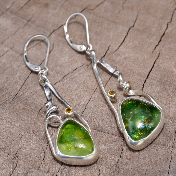 Fused dichroic glass earrings in handmade settings of sterling silver (E908)