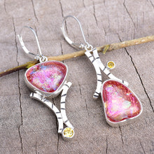 Load image into Gallery viewer, Fused dichroic glass earrings in handmade settings of sterling silver (E909)
