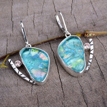 Load image into Gallery viewer, Fused dichroic glass earrings in handmade settings of sterling silver (E912)
