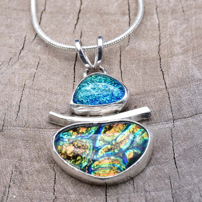 Fused dichroic glass pendant necklace in a handmade setting of sterling silver (N914)