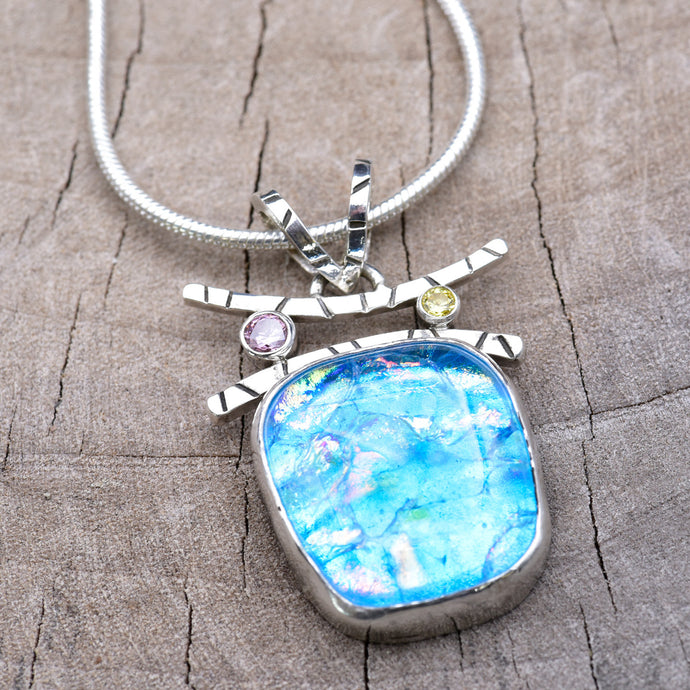 Fused dichroic glass pendant necklace in a handmade setting of sterling silver (N915)