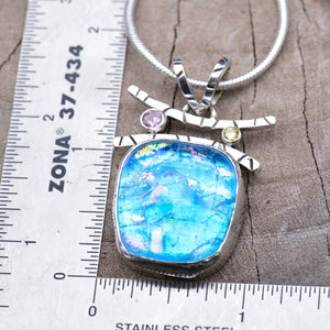 Fused dichroic glass pendant necklace in a handmade setting of sterling silver (N915)