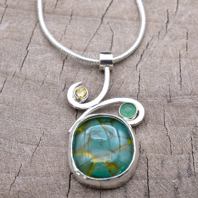 Fused glass pendant necklace in a handmade setting of sterling silver (N916)