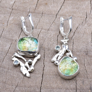 Fused dichroic glass earrings and handmade settings of sterling silver. (E918)