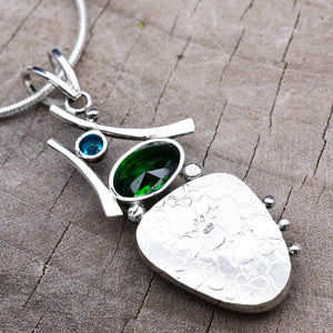 Fused dichroic glass pendant necklace in a handmade setting of sterling silver (N920)