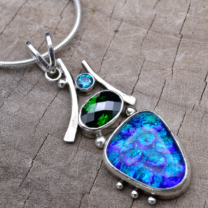 Fused dichroic glass pendant necklace in a handmade setting of sterling silver (N920)